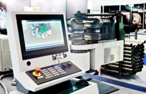 Panel de control de fábrica inteligente con datos de rendimiento de máquinas CNC, ilustrando la integración de IA e IoT en la manufactura avanzada.
