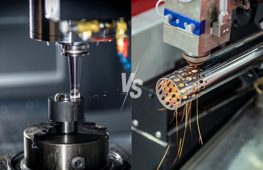 Diagrama comparativo entre las tecnologías de corte de Láser de Fibra vs. Láser de CO₂ mostrando sus componentes clave.