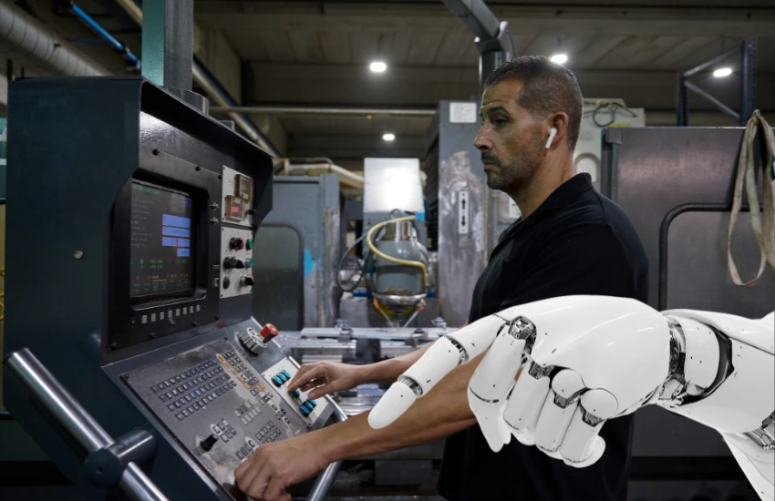 Brazo robótico colaborativo cargando y descargando piezas en una máquina CNC, simbolizando la Automatización CNC.