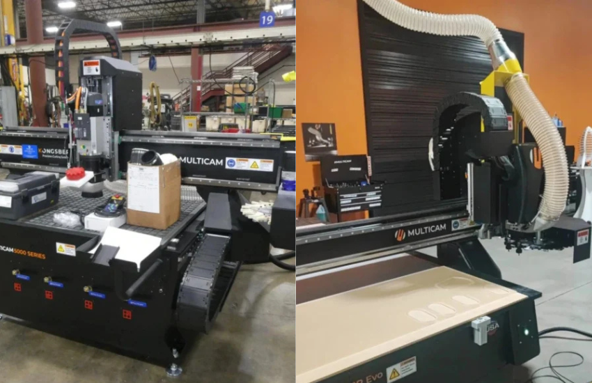 Router CNC Multicam cortando una placa grande a alta velocidad en un taller industrial.