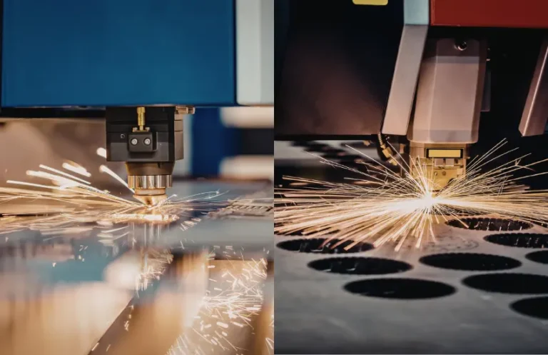 Comparativa visual de dos piezas de metal: una cortada con plasma (borde rugoso) y otra con láser de fibra (borde limpio).