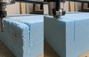 Comparativa de corte en espuma: un lado con rebaba por router y otro limpio con cuchilla oscilante.