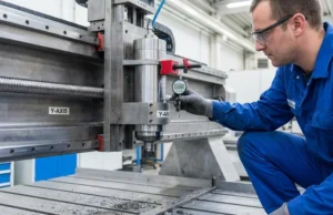 Técnico utilizando un indicador de carátula magnético para medir el juego mecánico en el husillo del eje Y de un router CNC industrial.