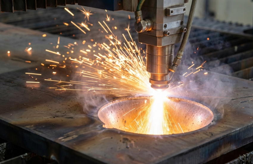 Diagrama técnico de un haz de láser de fibra realizando una perforación en rampa sobre una placa de acero al carbón.