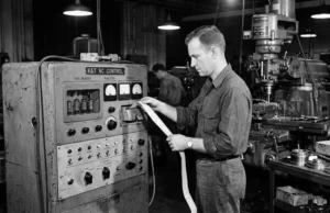 Fotografía histórica en blanco y negro de un operario programando una de las primeras máquinas de control numérico con cintas perforadas en un taller industrial de los años 50.
