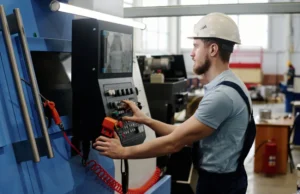 Taller industrial con un router CNC apagado y una luz roja de advertencia en el gabinete de control, representando el impacto del tiempo muerto en la producción.
