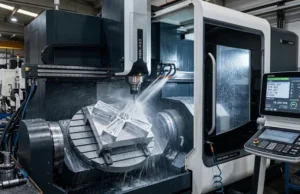 Centro de mecanizado industrial moderno de 5 ejes cortando con precisión una pieza metálica compleja con refrigerante y sensores digitales activos.