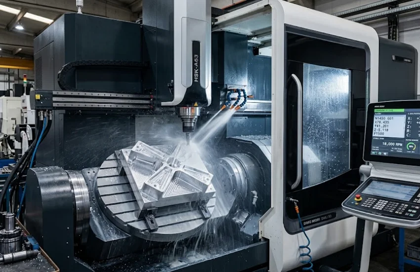 Centro de mecanizado industrial moderno de 5 ejes cortando con precisión una pieza metálica compleja con refrigerante y sensores digitales activos.